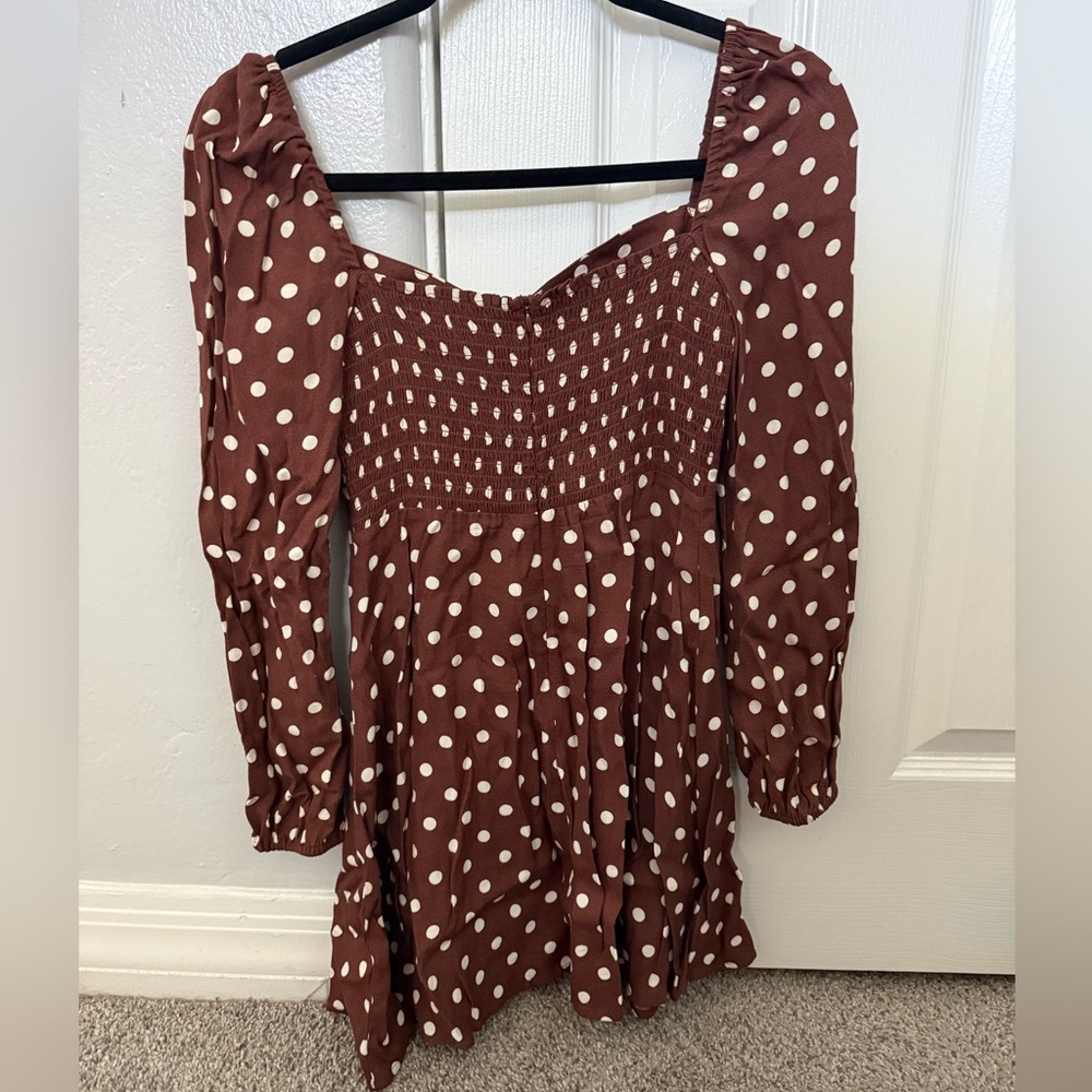 Reformation Juliette Brown Polka Dot Long Sleeve Dress - Picture 4 of 5